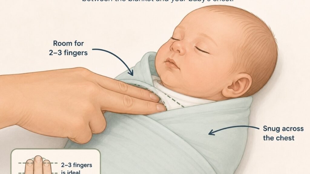 Diagram showing the two-finger test to check if a baby swaddle is snug but not too tight
