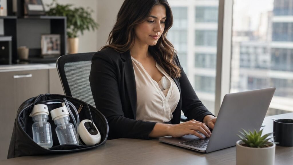 A working mom using a hands-free wearable breast pump discreetly at her office desk during a work pumping break