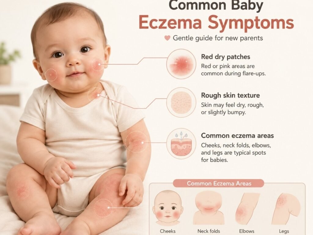 Illustration showing common baby eczema symptoms including dry red patches on cheeks, face, neck folds, and arms