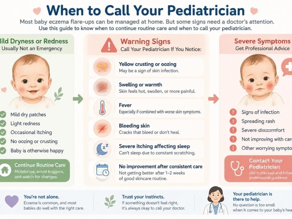 Decision guide showing warning signs when a baby with eczema should see a pediatrician