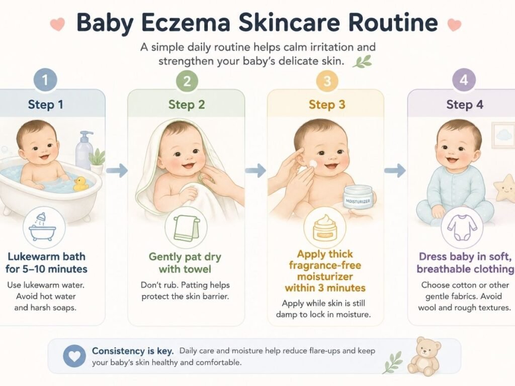 Step-by-step illustration of the baby eczema soak and seal moisturizing routine after bathing