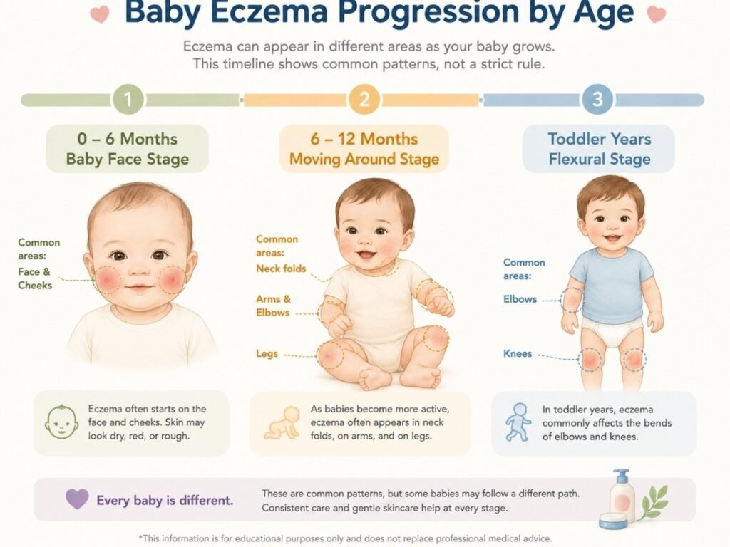Timeline illustration showing when baby eczema commonly appears from infancy to toddler years