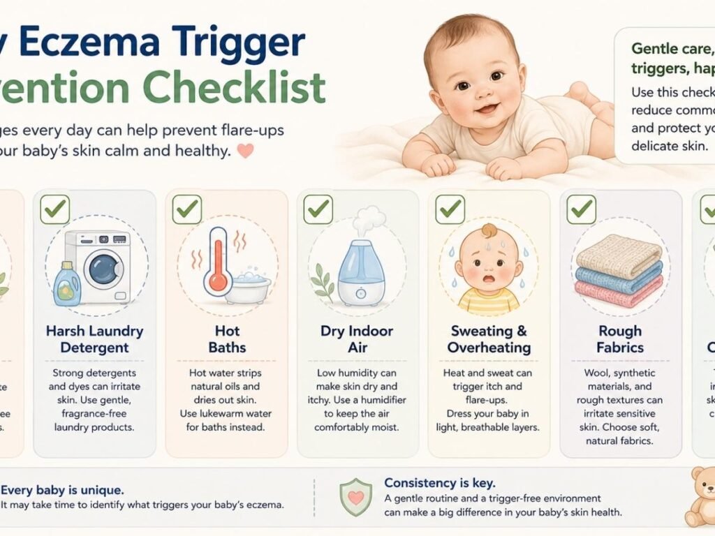 Checklist infographic showing common baby eczema triggers including fragrance, heat, dry air, and rough fabrics